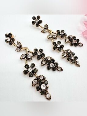 Smoky Gray and Clear Crystal Flower Branch Earrings Gold Tone Night Out Gala